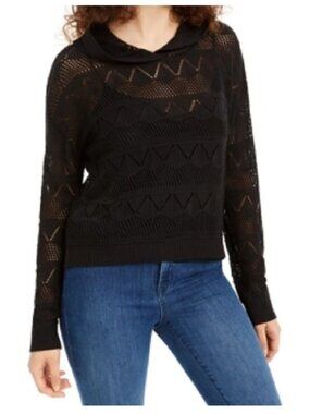 Ultra Flirt Juniors Pointelle-Knit Hooded Top Layer Sweater, Black, Small